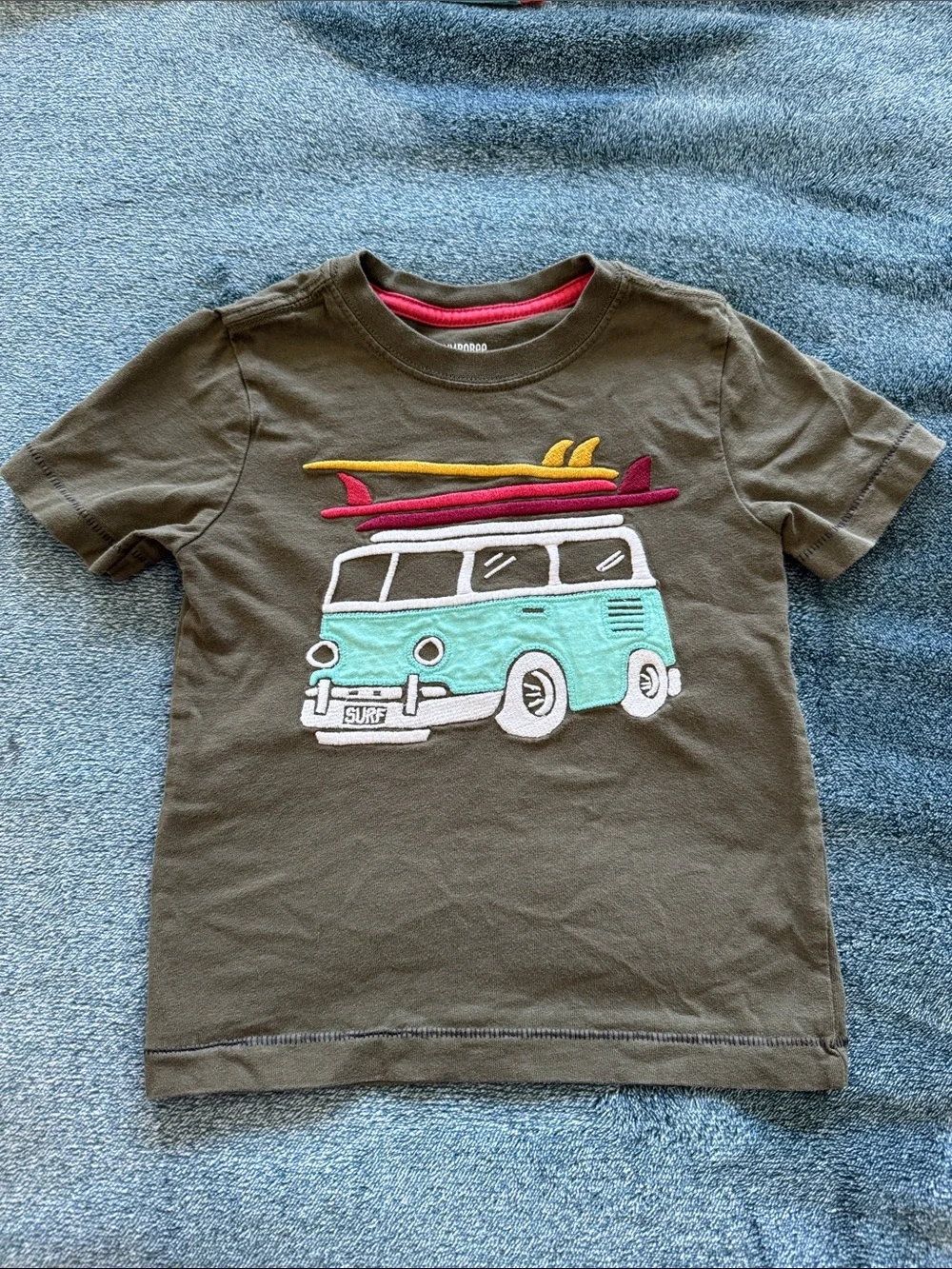 Gymboree Olive Tee with Teal Surf Van and Red-Yellow Boards